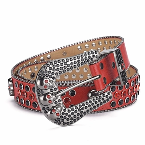 Detailed macro of red punk belt with skull ornaments and shimmering rhinestones
