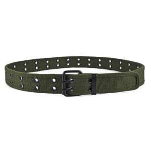 Close-up of army green canvas belt with double grommets and black double-prong buckle