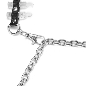 Punk style silver chain belt with black leather studs and transparent bullet charms
