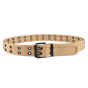 Detail of khaki canvas belt with double grommet design and black metal double pin buckle
