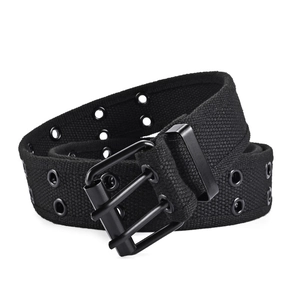 Detail of matte black double prong buckle and reinforced metal eyelets on canvas belt