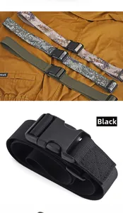 Detail of durable nylon tactical belts with quick-release plastic buckles in multiple colors