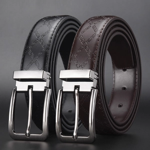 Men Business Casual Faux Leather Belt With Alloy Pin Buckle Embossed Greek Key Pattern Fashion Waist Strap For Male