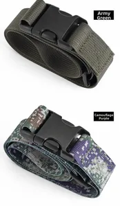 Detail view of army green and pixel purple camouflage nylon belts with plastic buckles