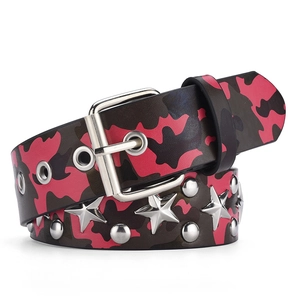 Ceinture punk en cuir camouflage avec des rivets étoiles argentés et boucle métal