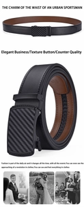 Detail of automatic buckle belt with carbon fiber texture and 125cm leather strap