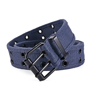 Detail of navy blue canvas belt featuring double-row black metal eyelets and a matte buckle