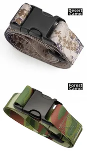 Detail of kids tactical canvas belts with digital desert and woodland camouflage patterns