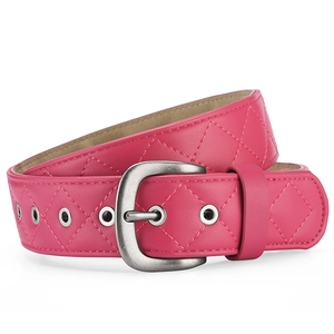 Ceinture vintage rose en cuir avec motif matelassé et boucle argentée pour femme