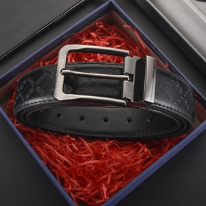 Men's black leather business belt with rectangle buckle and geometric embossed patterns