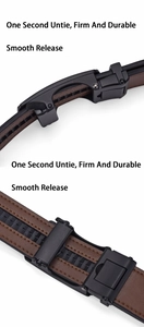 Detail view of the ratchet belt mechanism and brown leather strap with quick release function