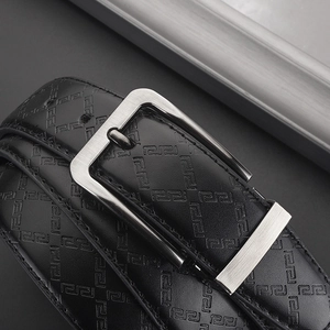 Men's black leather belt with Greek Meander pattern and brushed metal pin buckle