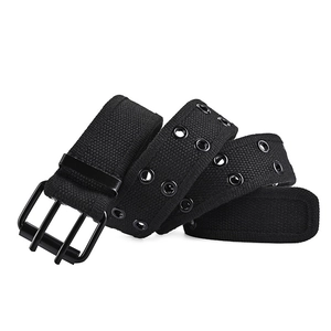 Detail of black heavy-duty canvas belt with double-row metal grommets and matte square buckle