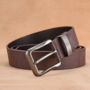 Men's dark brown faux leather belt with vintage brushed silver prong buckle