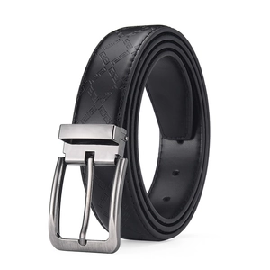 Men's black leather belt with Greek meander embossing and gunmetal pin buckle closure