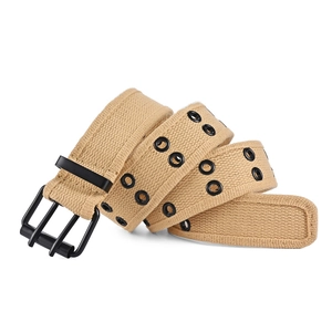 Close-up of khaki canvas belt featuring double rows of black metal eyelets and a matte buckle