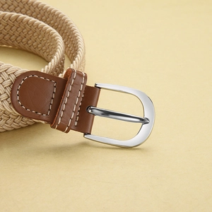 Elastic woven belt with beige fabric, brown leather join, and silver metal buckle