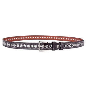 Close-up of black leather belt with rows of silver metal eyelets and polished pin buckle