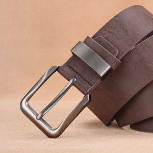 Classic men's dark brown leather belt with matte gunmetal pin buckle and stitched edges