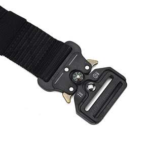 Detail of metal cobra buckle with built-in compass on high-strength tactical nylon belt