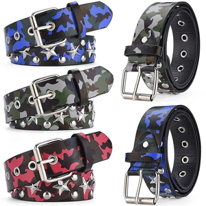 Ceinture Punk Camouflage en Similicuir Avec Rivets en Étoile et Oeillets en Métal Boucle Argentée Ardillon Mode de Rue Ceinture Style Rock