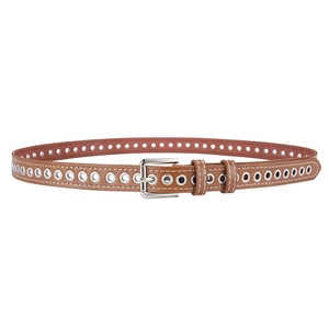 Detailed view of a brown leather belt with silver eyelets and a classic square buckle