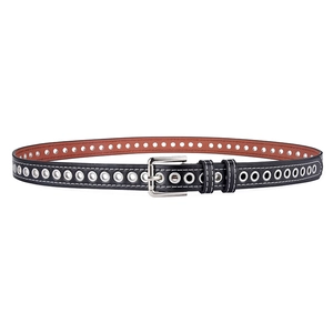 Black leather grommet belt with silver pin buckle and contrast stitching for women