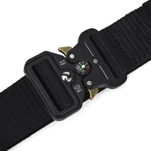Detail of nylon tactical belt buckle with integrated compass and 12KN load markings