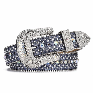Cintura Y2K in pelle blu navy con strass scintillanti e fibbia in argento stile western