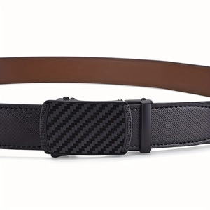 Men's leather business belt with carbon fiber texture automatic buckle on white background