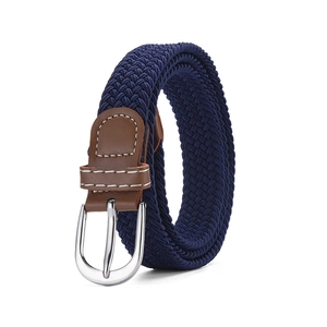 Close-up of navy blue braided elastic belt with silver pin buckle and brown leather joint