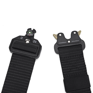 Close-up of tactical nylon belt with cobra buckle featuring integrated compass and 12KN/24KN scale