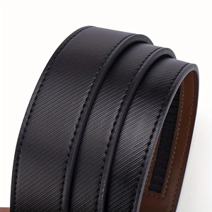 Men's black leather business belt with Saffiano texture and automatic buckle track