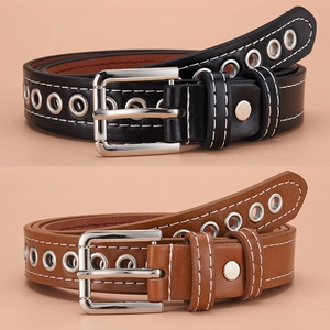Women's Faux Leather Grommet Belt Fashion Punk Style Waist Belt With Silver Metal Eyelets Contrast Stitching Pin Buckle