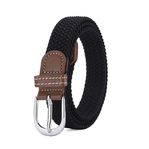 Elastic black woven belt with brown leather details and silver metal buckle for jeans
