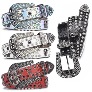 Luxury Western Rhinestone Skull Belt For Women Punk Hip Hop Bling Faux Leather Belt With Skull Alloy Buckle For Party Nightclub