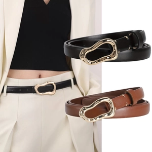 Women's Fashion Thin PU Leather Belt With Irregular Liquid Metal Gold Buckle Minimalist Adjustable Waist Strap For Casual Dress