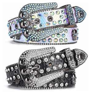 Gothic rhinestone belt with skull studs and crystal buckle in black and white