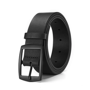 Men's casual black leather belt with matte black metal pin buckle on white background