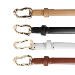 Detailed view of four slim waist belts with irregular gold buckles in multiple colors