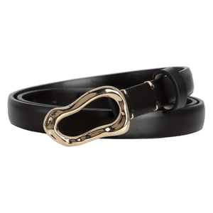 Minimalist black leather belt for women with irregular gold buckle on white background