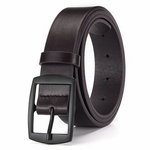 Macro detail of men's dark brown leather belt featuring matte black metal pin buckle