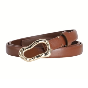 Minimalist brown leather skinny belt for women with irregular gold buckle on white background