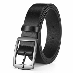 Detail view of black leather belt strap with gunmetal pin buckle and adjustment holes