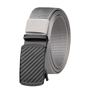 Men's gray nylon woven belt with black zinc alloy automatic buckle and carbon fiber texture