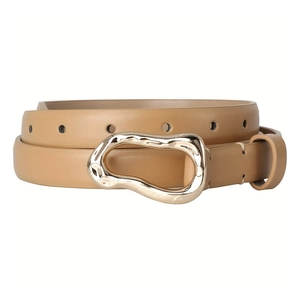 Elegant women slim leather belt in camel brown with a unique gold irregular metal buckle
