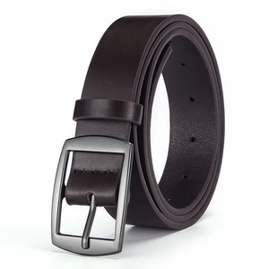 Detail view of dark brown leather belt with metal pin buckle and precise stitching