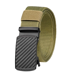 Close-up of army green tactical nylon belt featuring a black metal automatic buckle