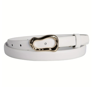 Minimalist white leather belt for women with irregular gold metal buckle on white background