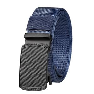 Detail of navy nylon strap and black alloy buckle with carbon fiber and meander patterns